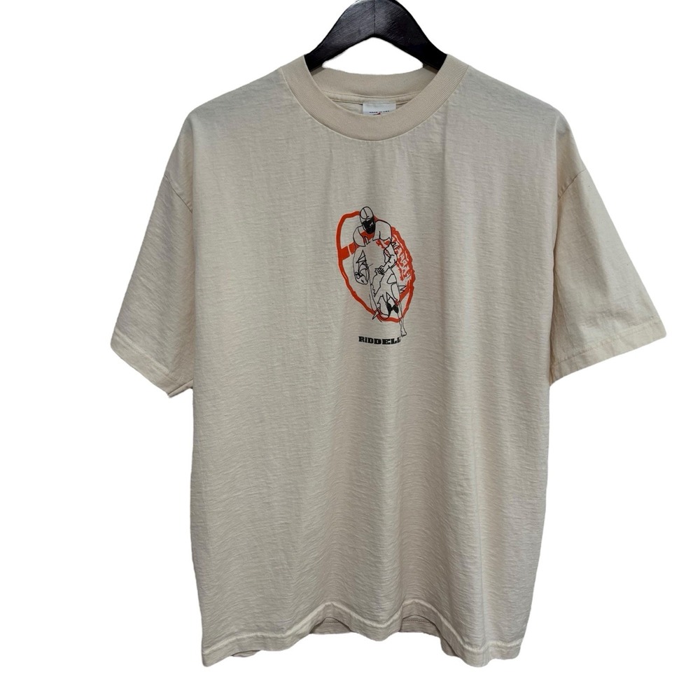 Vintage 90s Riddell Men's Football Graphic T Shirt Beige USA Made Size XL 23x30